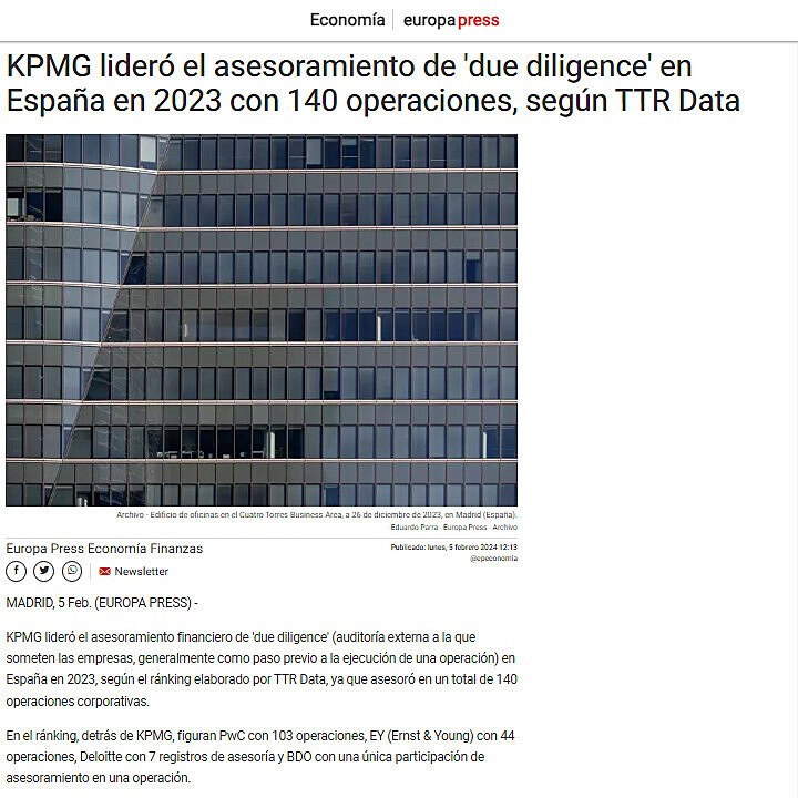 KPMG lider el asesoramiento de 'due diligence' en Espaa en 2023 con 140 operaciones, segn TTR Data
